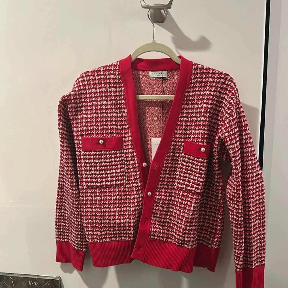 Sandro Red and White Checkered Cardigan - Picture 1 of 3